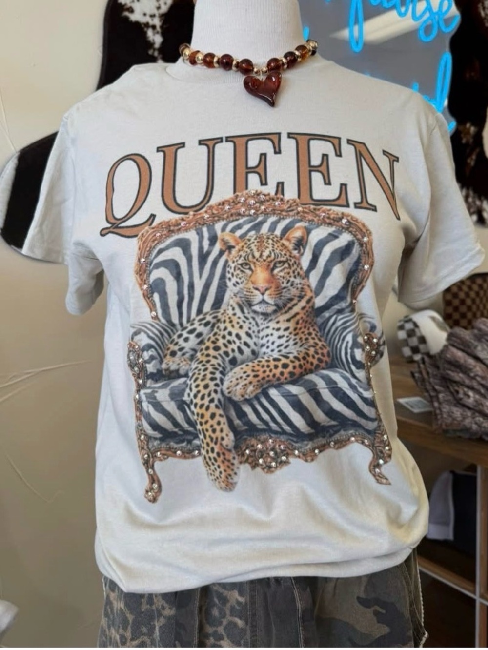 Queen Leopard Graphic Tee Cream rhinestone Accents zebra throne
Playful Unique
